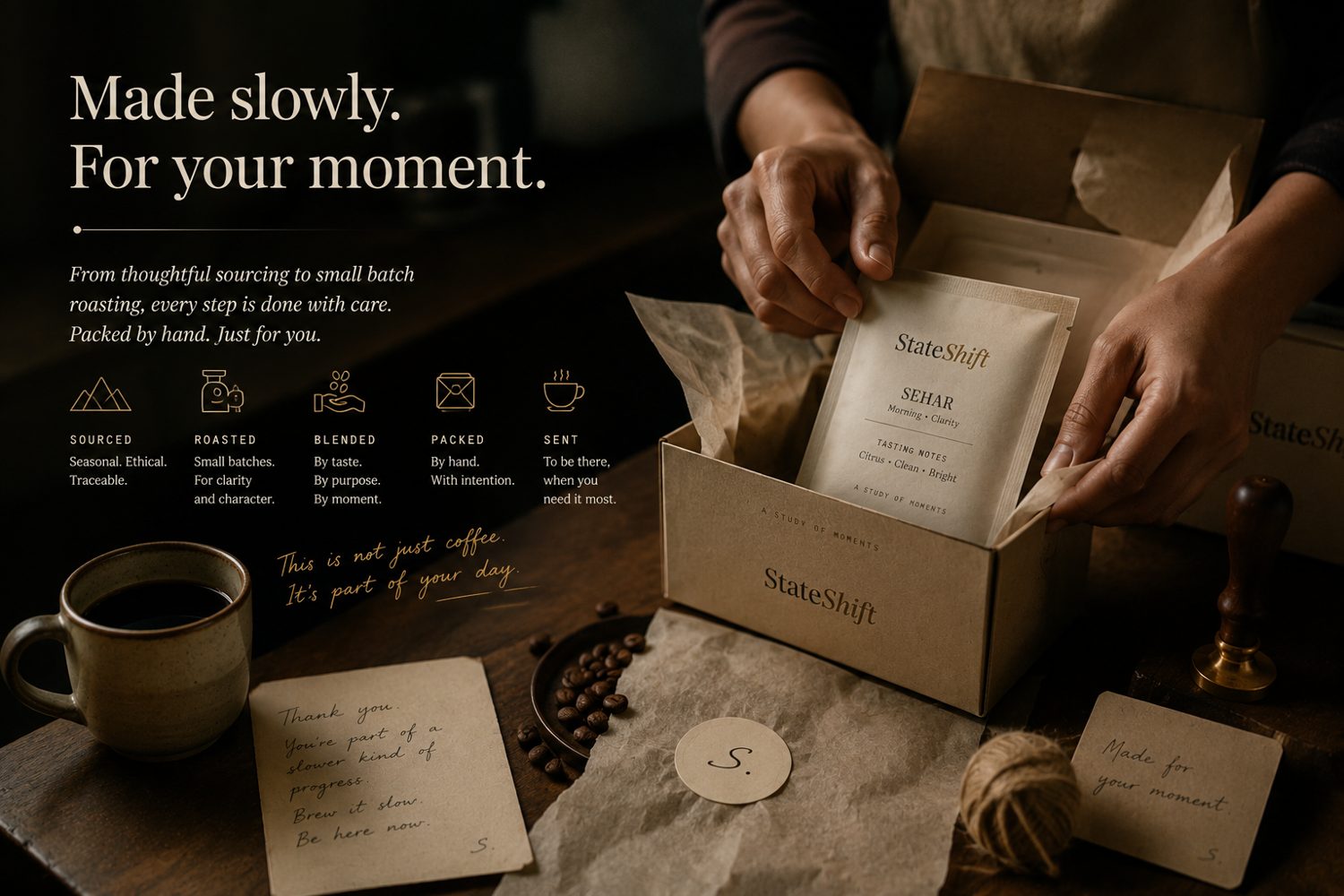 Hands packing a StateShift box — made slowly, for your moment