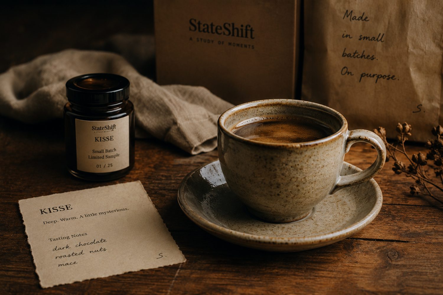 A labelled StateShift jar beside a fresh cup — small batch, made by hand