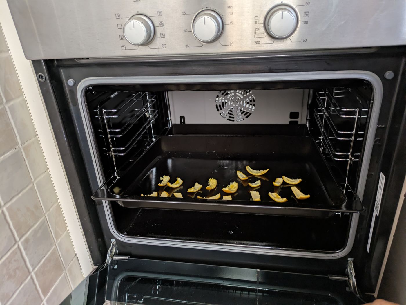 Orange peels drying in the oven